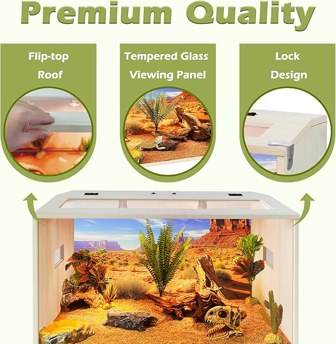PROLEE Bearded Dragon Tank, Up to 81Gallon Reptile Enclosure, Tempered Glass Lizard Tank, Bearded Dragon Enclosure with Built-in Lamp Fixture for Chameleon (Wooden Roof, 30Gallons,24x15.5x15.5 Inch)