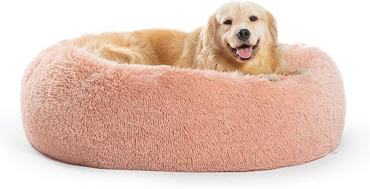 SAVFOX 36 inches Calming Donut Dog Bed - 3X Durable Plush Faux Fur, Machine Washable & Non-Slip, Fits up to 100 lbs, Pink