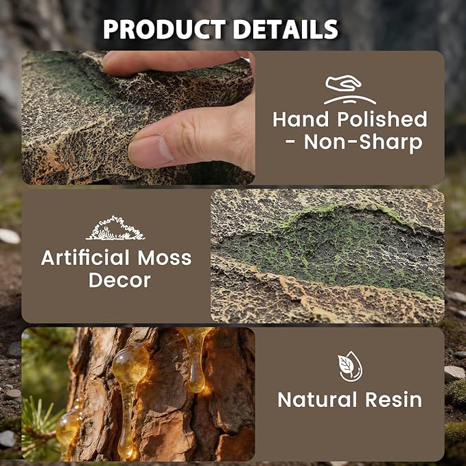 Extra Large Resin Reptile Cave Hideout, Rock-Style Basking Platform, Aquarium and Terrarium Decor, Ideal for Reptiles, Amphibians, and Fish