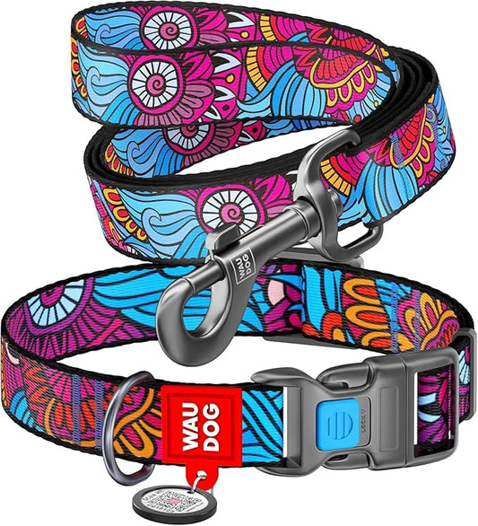 Nylon Dog Collar and Leash Set - Adjustable Dog Collar for Large Dogs, Small & Medium Dogs - Puppy Collars for Large Breed - Boy & Girl Collars with Durable Plastic Buckle and QR Tag