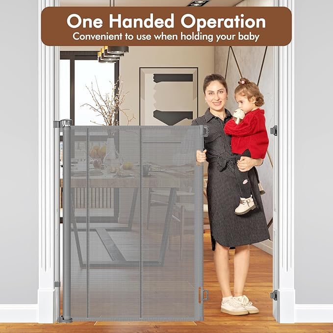 Reinforced 48" Extra Tall X 100" Extra Large Baby Gates for Wide Openings Long Dog Gate for Doorway Mesh Gates for Pets Retractable Dog Gate Indoor/Outdoor Tall Baby Gate for Cats, Gray