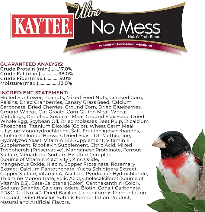 Kaytee Wild Bird Ultra No Mess Nut & Fruit Food Seed Blend For Blue Jays, Woodpeckers, Juncos, Cardinals, Grosbeaks, Sparrows, and Finches, 5.5 Pound