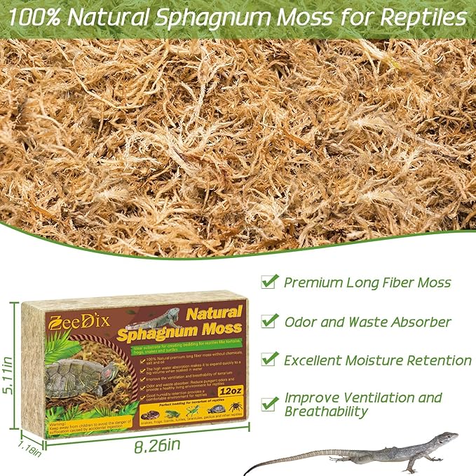 ZeeDix 12 oz Premium Sphagnum Moss for Reptiles, 20 qt Dried Long Fibered Leopard Gecko Moss for Terrarium, Natural Sphagnum Peat Moss Bedding for Frogs Anoles Snake Ball Python Turtle