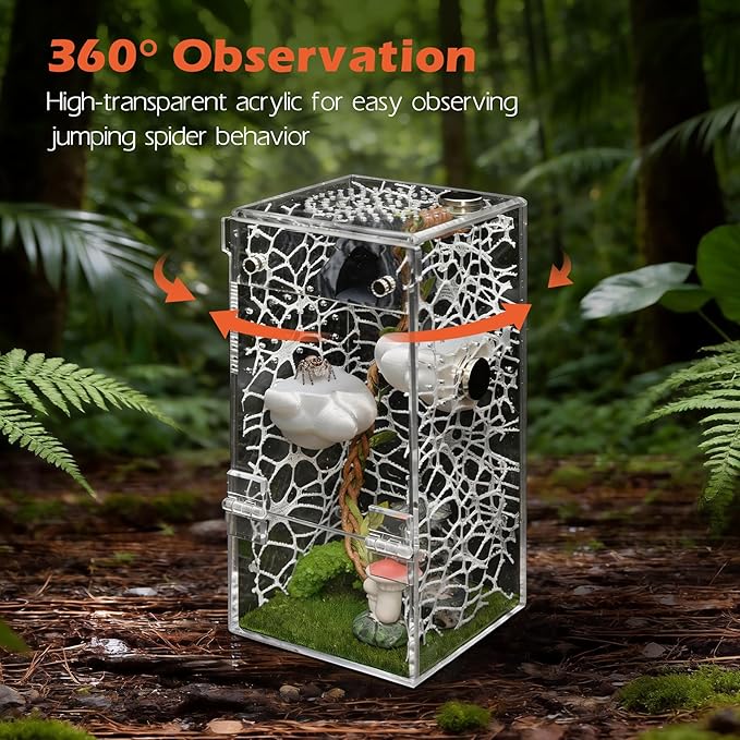 AZV Small Jumping Spider Enclosure Clouds Kit,Escape Proof Praying Mantis Habitat,Magnetic Door Arboreal Tarantula Terrarium Ventilation Spider Cribs,Transparent Acrylic Reptile Tank,Bug,Snail House