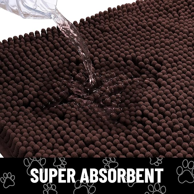 Smiry Dog Door Mat for Muddy Paws, Absorbent Dirt Trapper Non Slip Quick Dry Washable Chenille Mat for Mud Dogs, Entry Rug for Indoor and Outdoor (59x20 Inches, Brown and White)