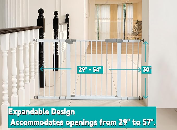 29"-57" Baby and Pet Safety Gate, 30" Tall Metal Walk-Thru Gate for Doorways & Stairs, Easy One-Hand Open, Dual Lock, Extensions & Wall Mounts Included (Gray, 29" x 57" x 30“ )