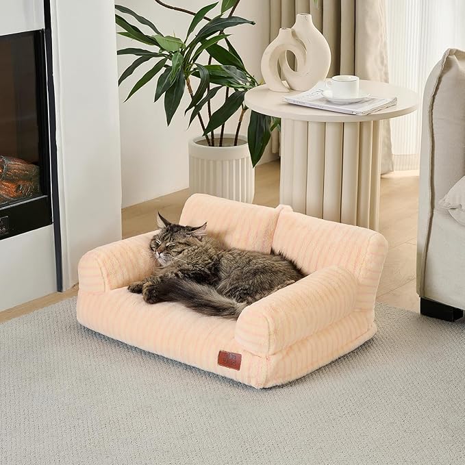 Hollypet Fluffy Dog Cat Bed Pet Couch Beds Plush Soft Warming Washable Puppy Bed for Small Medium Dogs and Large Cats, Pink Stripes, 24" L x 18" W x 10" Th