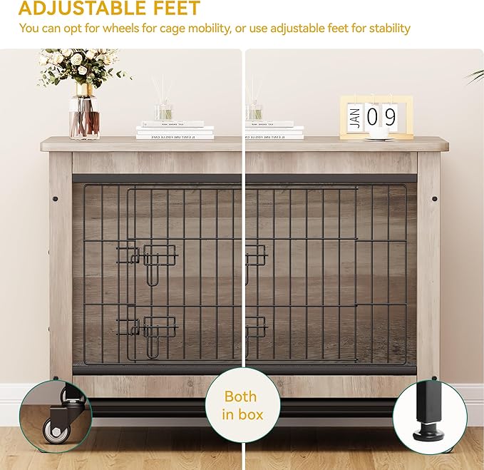 DWVO Dog Crate Furniture with Wheels, 27" Dog Kennel Indoor with Cushion, Dog Crate End Table with Tray for Small Dog (Grey)