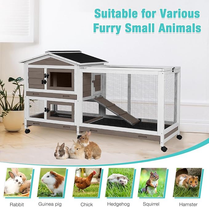 Suumerpety 62" Rabbit Hutch with Chew-Proof Ramp & Waterproof Roof - Indoor/Outdoor Bunny Cage, 2-Story Design, 6 Lockable Caster Wheels & Dual Pull-Out Trays (Brown)