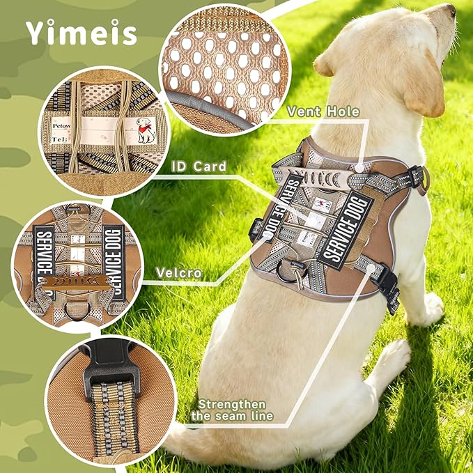 Service Dog Tactical Vest Harness and Leash Set Medium Sized Dog Emotional Support- Tactical Dog Harness Training Collar with Name (Khaki, M)