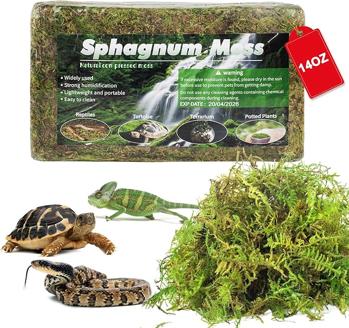 14OZ Sphagnum Moss for Reptiles, Terrarium Natural Green Dried Peat Habitat Bedding Plants for Snakes Gecko Forest Frogs and Turtle Accessories Substrate (50QT)
