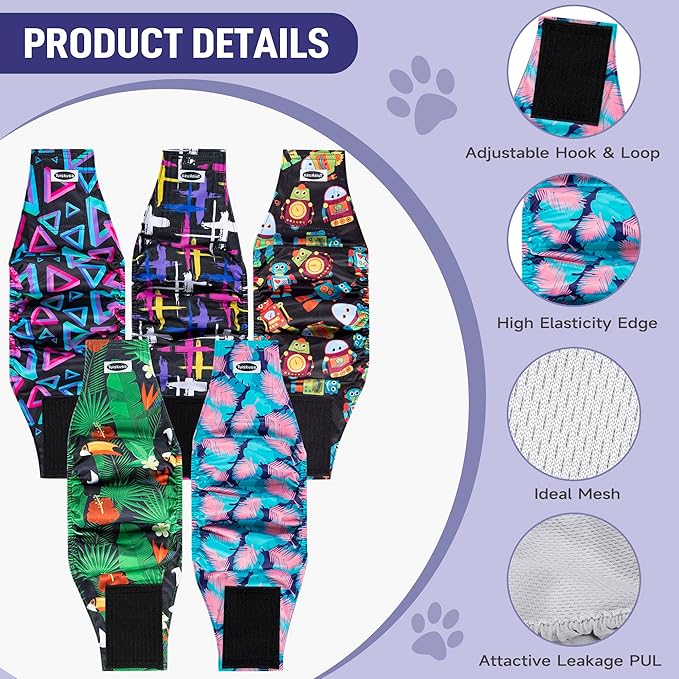 Tuiskusa Male Dog Diapers, 5 Pack, Medium, Colorful, Male Dogs, Dog Incontinence Protectors
