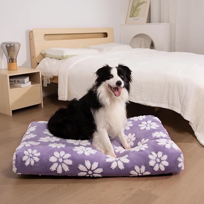Dog Beds for Small Medium Dogs, Cute Thick Dog Bed for Crate Kennel, Fluffy Pet Bed with Removable Washable Cover and Anti-Slip Bottom, 30"x 20", Purple Flower