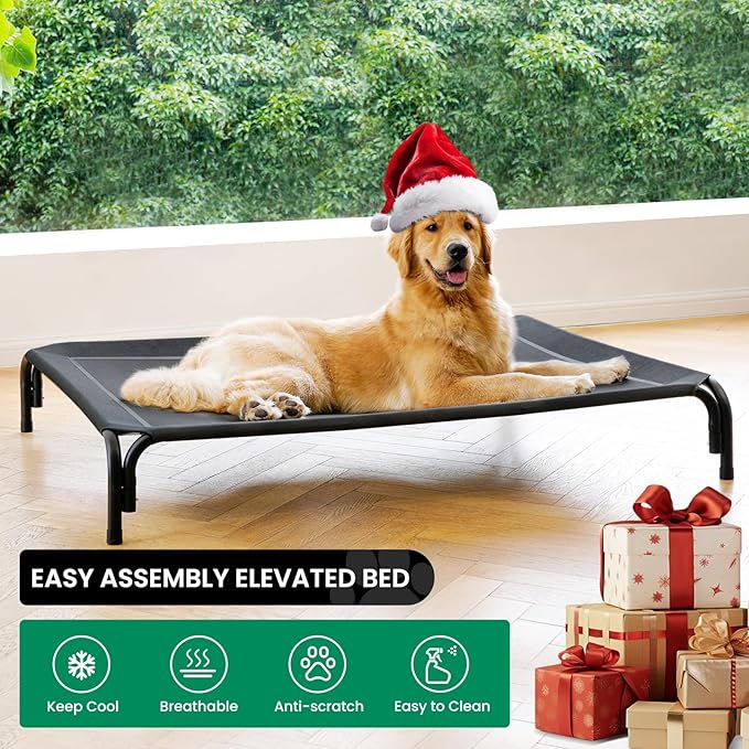 Elevated Dog Bed Raised Outdoor Dog Cot for Large Dogs, Installation Requires No Tools, Frame with Washable Cooling Breathable Mesh Anti-Slip Feet, Indoor Pet Bed, Black, 43.3 Inches