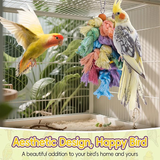 Bird Toys for Parrots - Natural Cotton Rope Preening Toy, Hanging Bird Toys for Cockatiels, Conures, Parakeets, Enrichment Parrot Toys for Beak & Feather Health