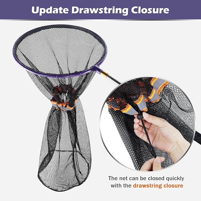 Snake Catcher Net, Rattlesnake Grabber Handling Tool Reptile Closure Net Snake Grabber Tool with 16“ to 60" Telescopic Pole Stick, 12" Ring, Secure Drawstring for Transporting and Capturing Snakes