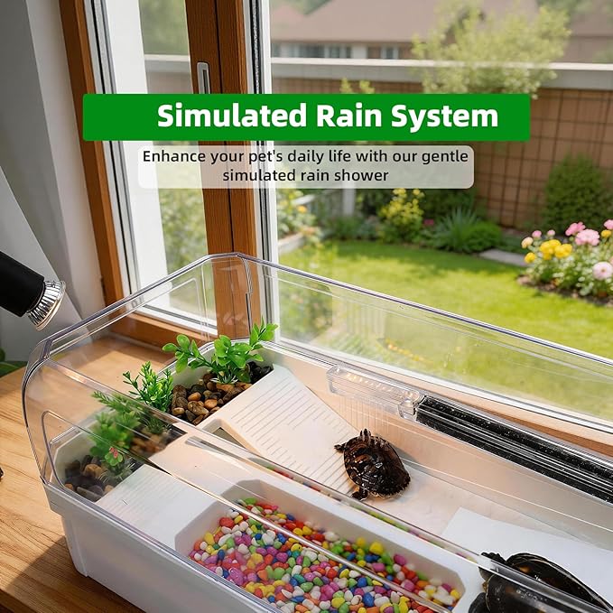 Turtle Tank Kit with 3-Stage Filter, Basking Platform & Heat Lamp - Complete Turtle Aquarium Habitat for Water Turtles, Enclosure or Hermit Crab Tank, Easy Drain Starter Kit White, 25.9 Inch