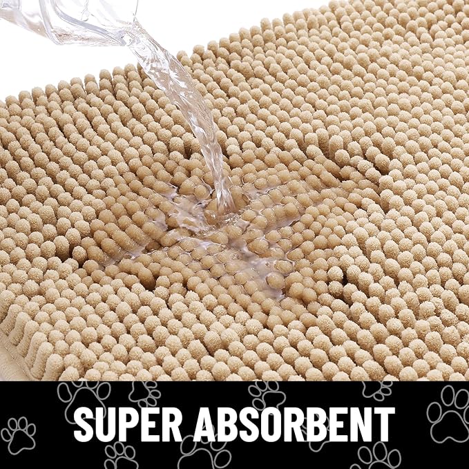 Smiry Dog Door Mat for Muddy Paws, Absorbent Dirt Trapper Non Slip Quick Dry Washable Chenille Mat for Mud Dogs, Entry Rug for Indoor and Outdoor (36x24 Inches, Beige and White)