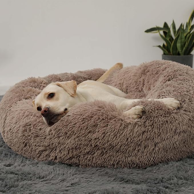 HACHIKITTY Calming Donut Cuddler Dog Bed, Round Fluffy Pet Bed with Sewn-in Cushionfor Large Dogs,Washable, Large, Taupe, 30''