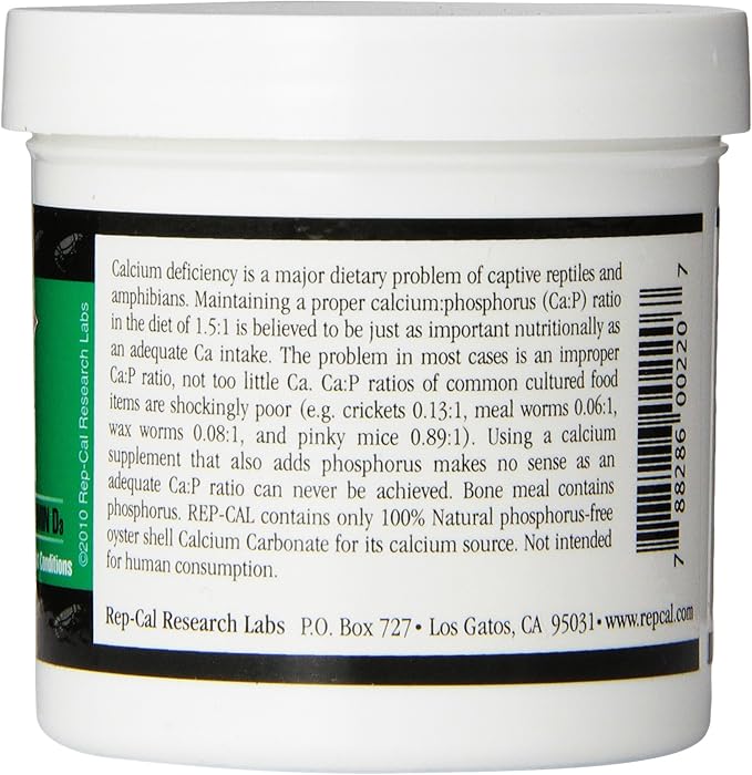 Rep-Cal 52298 Phosphorous-Free Calcium Powder Reptile/Amphibian Supplement Without Vitamin D3, 4.1 oz,White (Pack of 2)