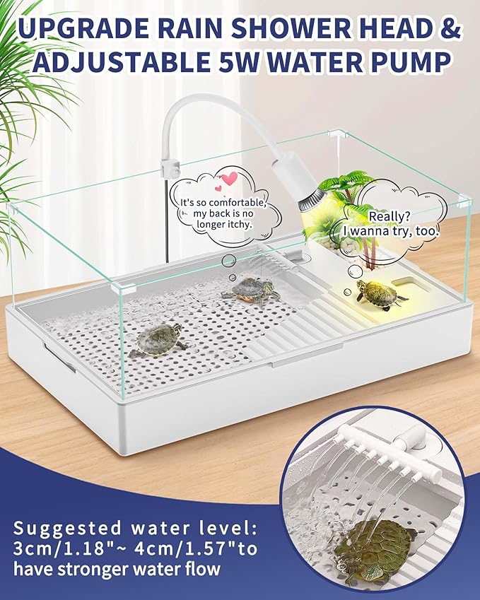 MoonOrange Large Turtle Tank Kit(Tank + Light + Water Pump), Acrylic Turtle Tank Starter Kit with Two Rain Shower Head, Adjustable 5W Water Pump, Higher Fences (Kit-L)