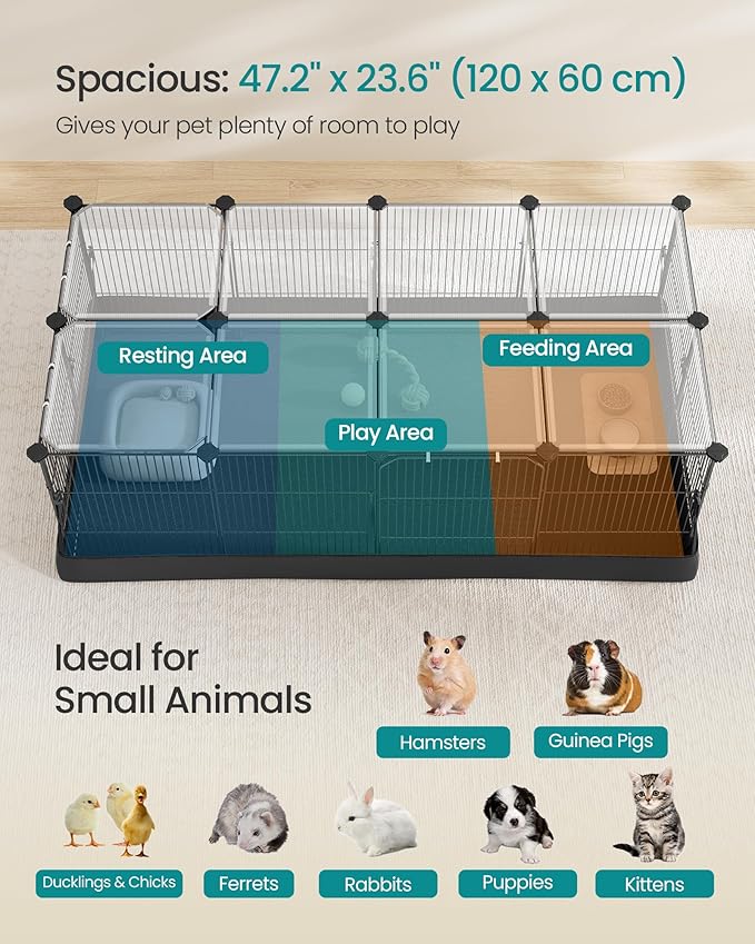 SONGMICS Guinea Pig Cage, Rabbit Cage, Small Animal Playpen with Waterproof Mat, Top and Side Door, 20 Panels, 48.4 x 24.8 x 16.3 Inches, Ink Black ULPI011BH01