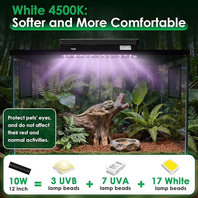 UVB Light for Reptiles, 10W HO LED UVB Reptile Light Fixture UVA UVB Lamp Bulb Terrarium Light with Timer and 5 Adjustable Brightness for Bearded Dragon Turtle Snake Crested Gecko Chameleon, 12 Inch