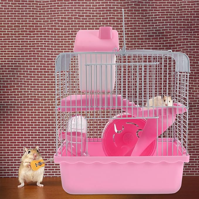 Hamster Cage Portable Double Layer Wire Habitat Small Critter House Cage Pet Playpen Activity Exercise Centre for Rodent Gerbil Mouse Rat Accessories Pink