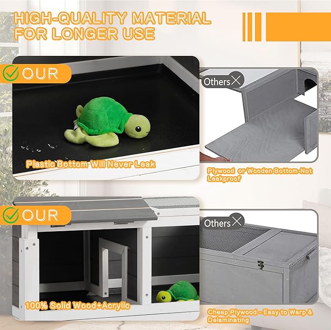 Wooden Tortoise Habitat with Shelf Storage and Adjustable Lamp Holder,Indoor Outdoor Reptile Cage Turtle Enclosure for Small Animals