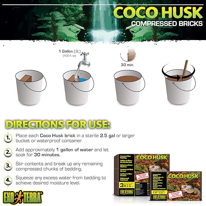 Exo Terra Coco Husk Brick,8 QT (8.8 L) – Natural Coconut Fiber Terrarium Substrate for Reptiles,Amphibians & Tropical Enclosures,(Pack of 3)