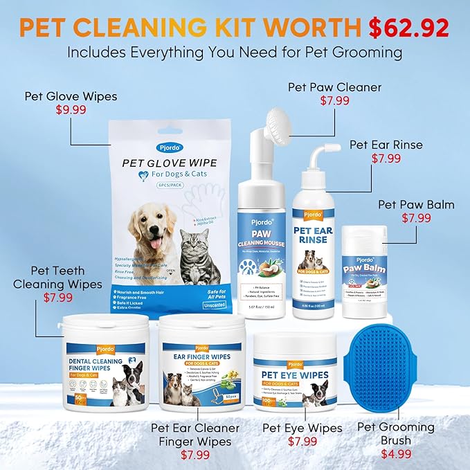 Pjordo Dog Wipes Cleaning Deodorizing, Grooming Wipes & Paw Cleaner, Pet Cleaning Kit for Teeth, Ears, Eyes, Paw, Body, Ear Rinse, Essential Dog Supplies Set