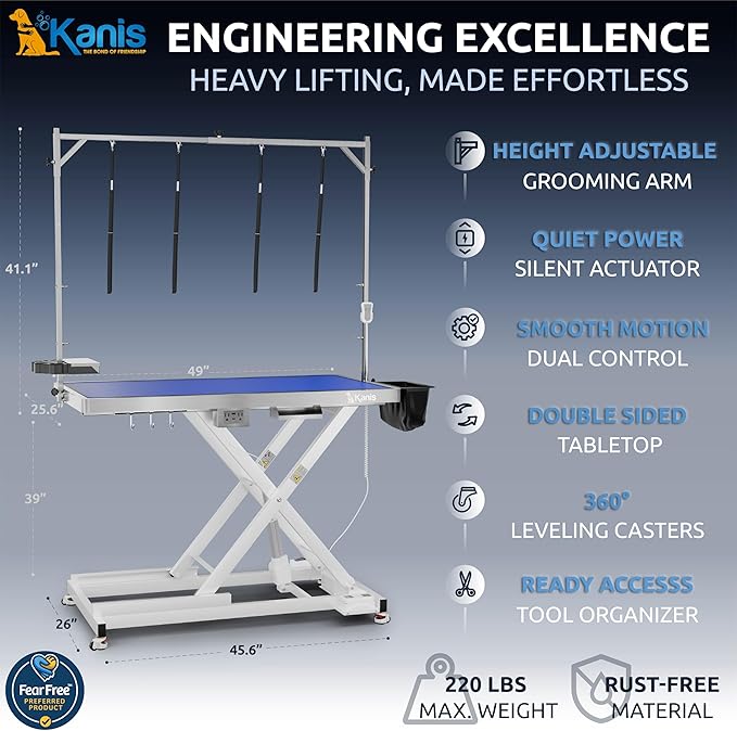 KANIS Professional Electric Dog Grooming Table - Heavy Duty, Height Adjustable Pet Grooming Table w/Leveling Wheels, Grooming Arm, Anti Slip Tabletop & Tool Organizer/Dog Grooming Station (White, 49")