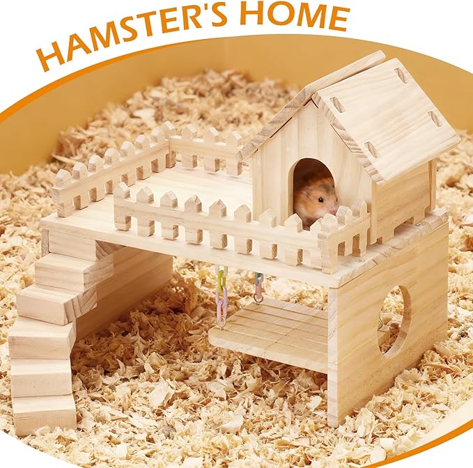 Wooden Hamster Hiding Place, Hamster Cabin with Ladder, Swing Platform Decoration, Detachable Small Animal cage Accessories, Suitable for mice, Sand Rats and Other Small Pets