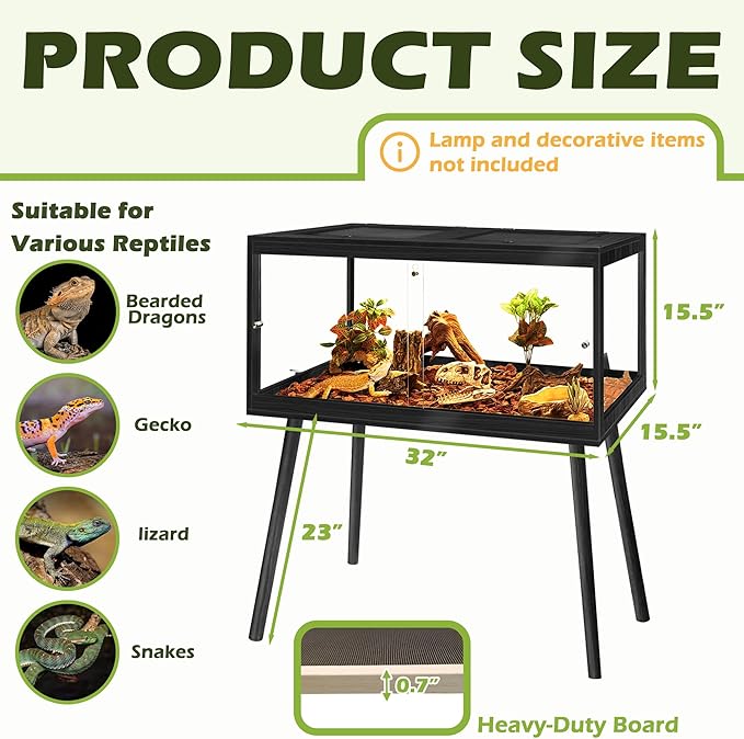 PROLEE Bearded Dragon Tank with Leg, 34 Gallon Tempered Glass Lizard Tank, Reptile Enclosure with Metal Mesh and Lockable Door, Reptile Tank for Snakes,Chameleon (Black, 32x15.5x15.5 Inch)