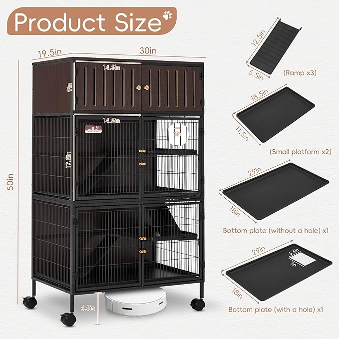 HABUTWAY 50''H Metal Large Ferret Cage, Rolling Chinchilla Cage with Removable Ramps& Double Door, with Locker, Small Animal Cage Indoor Wooden Pet Crate Furniture