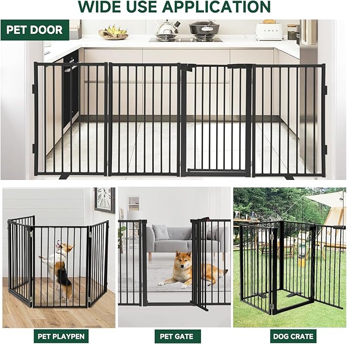 Snagle Paw Metal Freestanding Dog Gate with Door, 80” W x 32” H Dog Fence with Support Feet for Doorways, Stairs and Hallways, Portable Pet Gate for Indoor Use (4 Panel, Black)