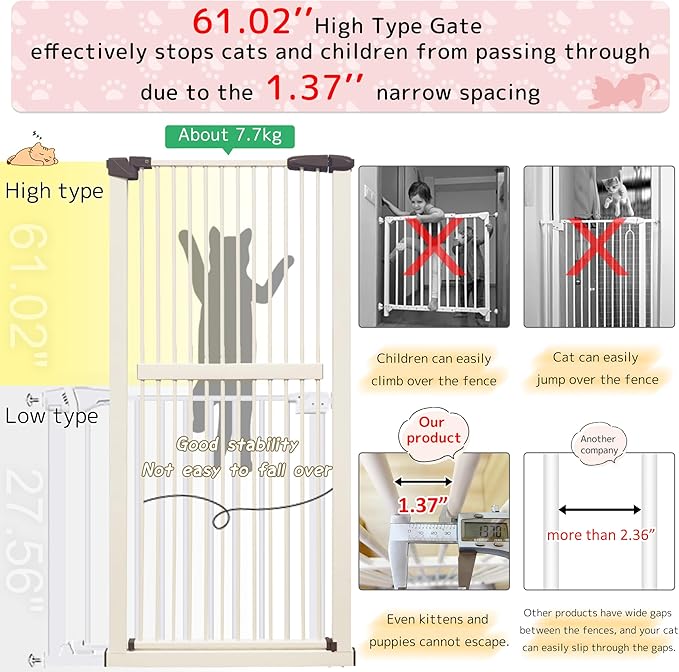 Lumizone Extra Tall Cat Gate 61.02" High Pressure Mounted Extra Wide 30.12"-38.38" (17Sizes) 1.37" Gap No Drilling Auto-Close Tall Pet Gate for Dogs (Cream, 30.12"-38.38" W)