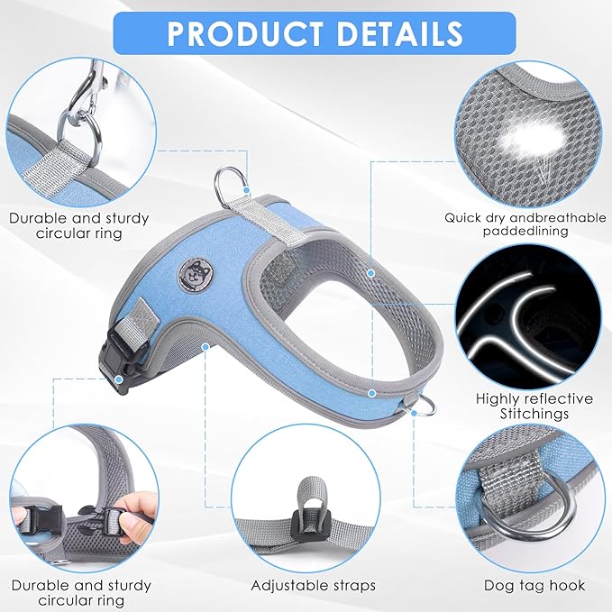 Dog Harness and Leash Set, No Pull Saddle Style Pet Harness, Breathable Mesh Adjustable Reflective Dog Vest for Dogs and Cat Medium Small Harness 2 D-Rings (Blue, M)
