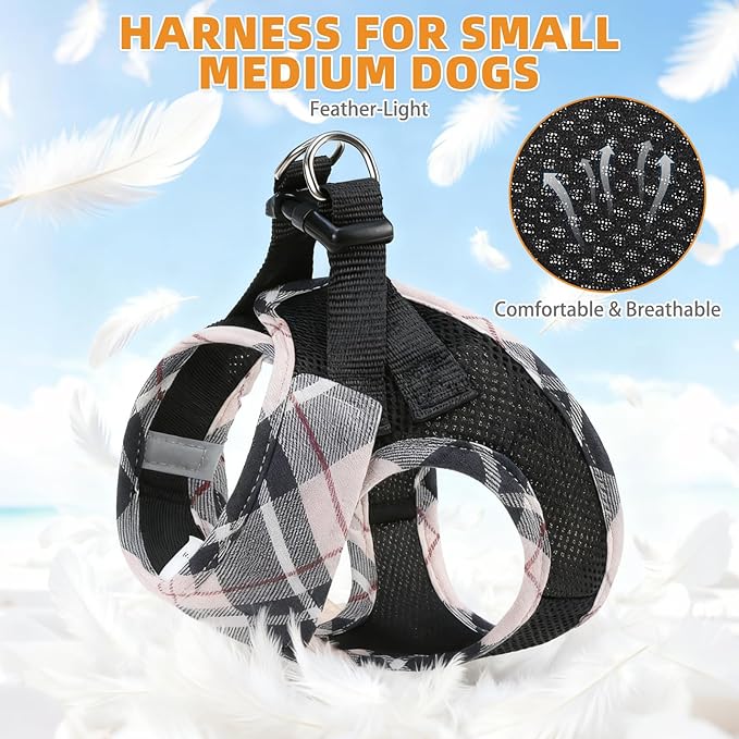 KOOLTAIL Small Dog Harness and Leash Set, Cute Puppy Harness, Step in No Pull Soft Mesh Pet Vest Harness Collar for Small Size Dogs Cats Boy Girl, Plaid Dog Halters for Outdoor Walking, Beige S