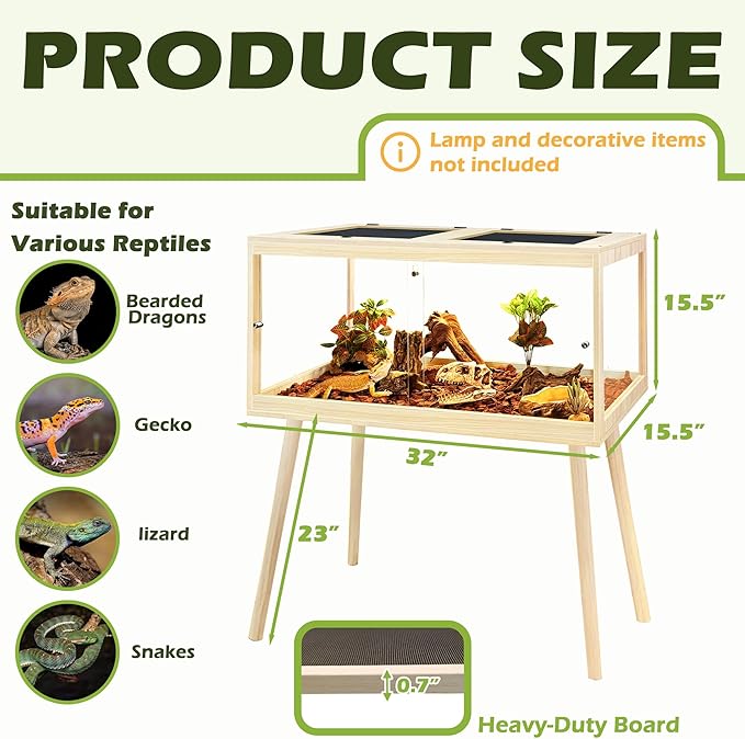 PROLEE Bearded Dragon Tank with Leg, 34 Gallon Tempered Glass Lizard Tank, Reptile Enclosure with Metal Mesh and Lockable Door, Reptile Tank for Snakes,Chameleon (Oak, 32x15.5x15.5 Inch)