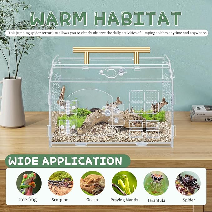 Acrylic Jumping Spider Enclosure, 8.7x5.1x6.9 Inch Tarantula Enclosure with Front Opening Door& Feeding Holes and Handle, Transparent Terrarium for Reptiles, Amphibians and Spiders
