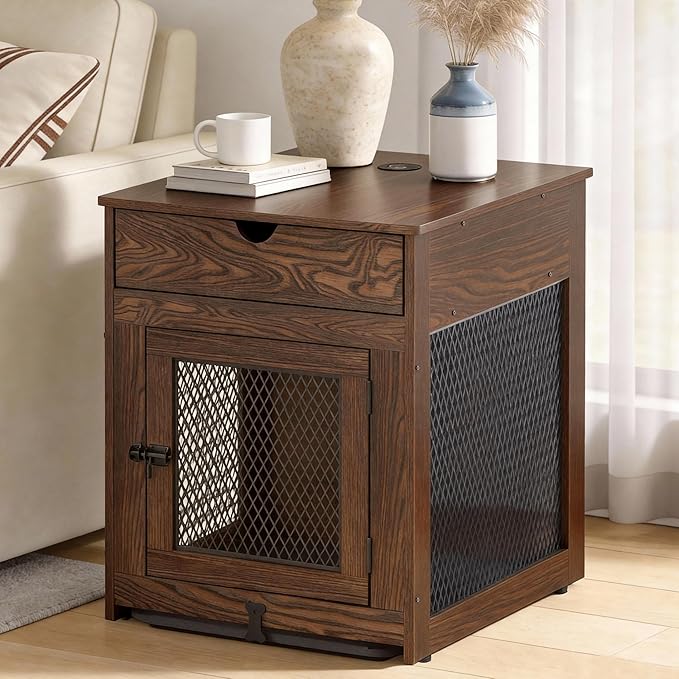 Piskyet Dog Crate Furniture,Wooden Dog Crate End Table with Storage Drawer&Cushion&Tray, QC3.0 Wireless Charging,Dual USB,Small Dogs Rustic Style