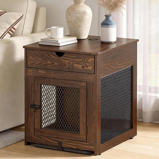 Piskyet Dog Crate Furniture,Wooden Dog Crate End Table with Storage Drawer&Cushion&Tray, QC3.0 Wireless Charging,Dual USB,Small Dogs Rustic Style