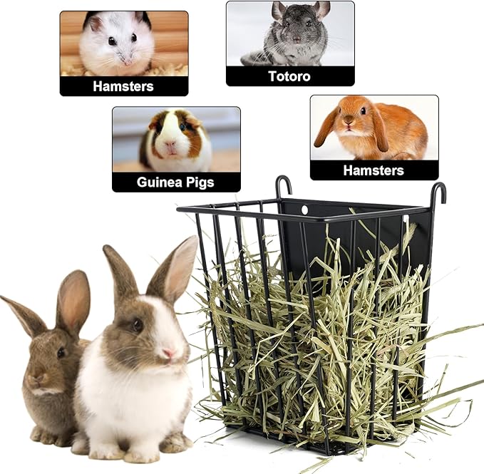 LUAVIARU Upgrades 4pcs Hay Feeder Rabbit - Guinea Pig - Metal Frame Hay Rack with Adjustable Hook - Less Wasted - for Guinea Pig, Bunny, Chinchilla Cage Accessories - Bunny Feeder