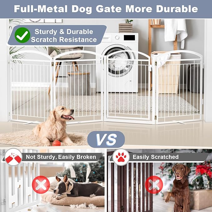Full Metal Free Standing Dog Gate with Door for Outdoor Indoor,96'' Extra Wide 32'' Tall Dog Gates for Doorways,Large Openings,Decks,Porch,Freestanding Portable Pet Fence(4 Panels,Black)