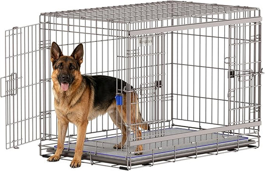 42 Inch Sliding Door Dog Crate - Heavy Duty Collapsible Dog Crates for Large Dogs (70-100lbs), Double Door Metal Dog Kennel Cage with Soft Mat, Leak-Proof Tray, Easy Foldable & Assembly