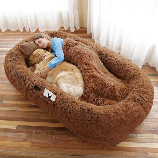 Human Dog Bed, 71''x45''x12'' Size Fits You and Pets, Washable Faux Fur Pet Bed for People Doze Off, Napping Orthopedic Dog Bed, Present Plump Pillow, Blanket, Strap - Brown