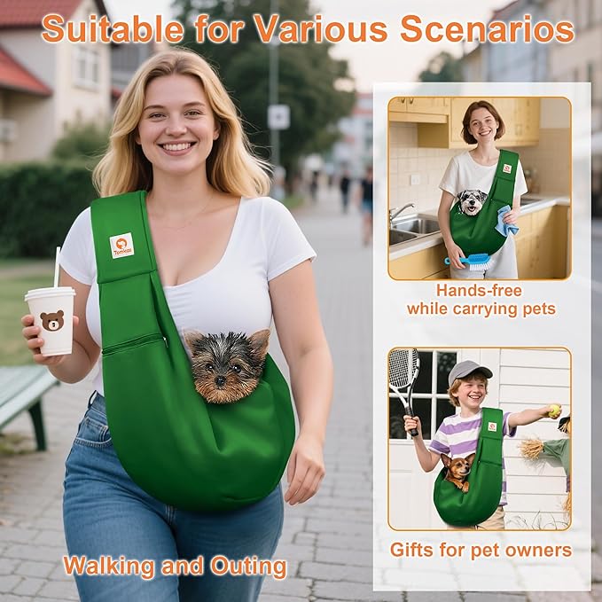 Tomkas Small Dog Sling Carrier - Zipper Pocket & Adjustable Strap & Zip Pocket - for 3-10 lbs Pets (Emerald Green, M - Zipper Pocket & Adjustable Strap)