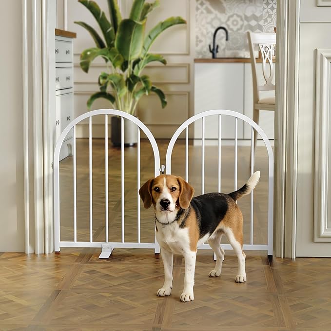 PUPETPO Full Metal Dog Gate for Indoor Outdoor, 24" Tall Free Standing Pet Dog Fence, 36" Wide Arched Pet Gates for Stairs, Hallways, Doorways, Kitchen, Decks, Yards (White, 2 Panels)