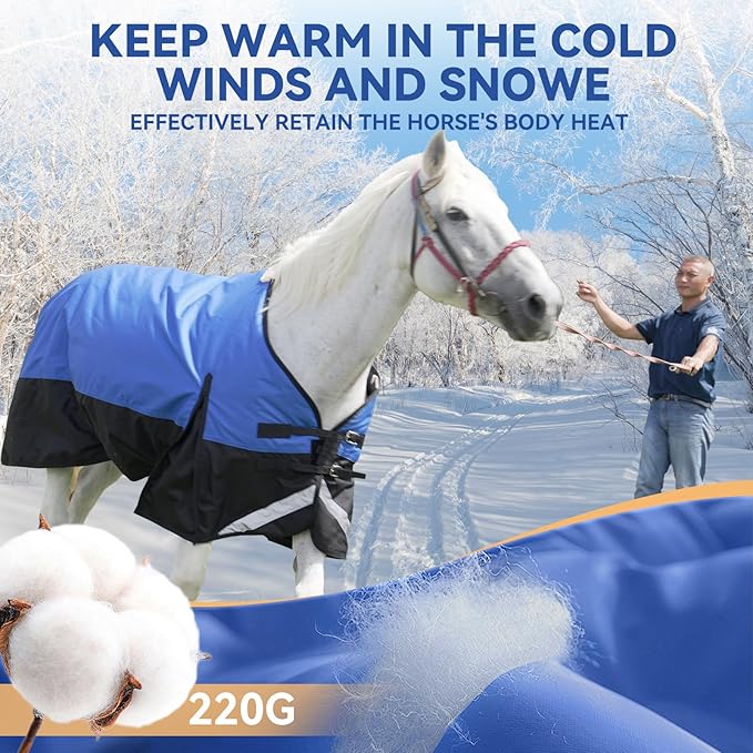 72” Winter Horse Blanket, 1200D Waterproof Poly Horse Turnout Blanket, Tear-Resistant Warmth Horse Blanket with Snuggit 220G Filling, Breathable Thick Turnout Blankets for Horse